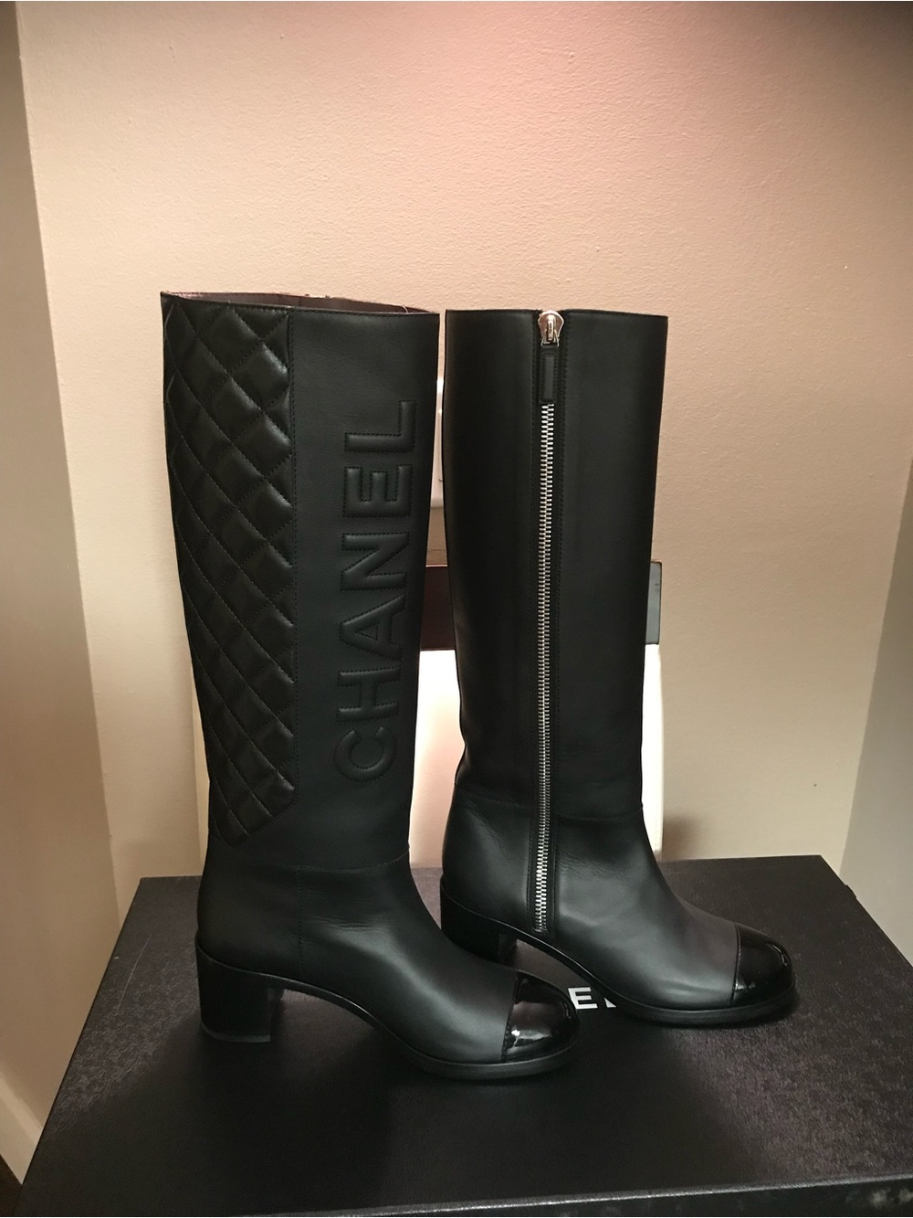 CHANEL Black Quilted Logo Over-the-Knee Boots with Gloss Cap Toe - Picture 5 of 6